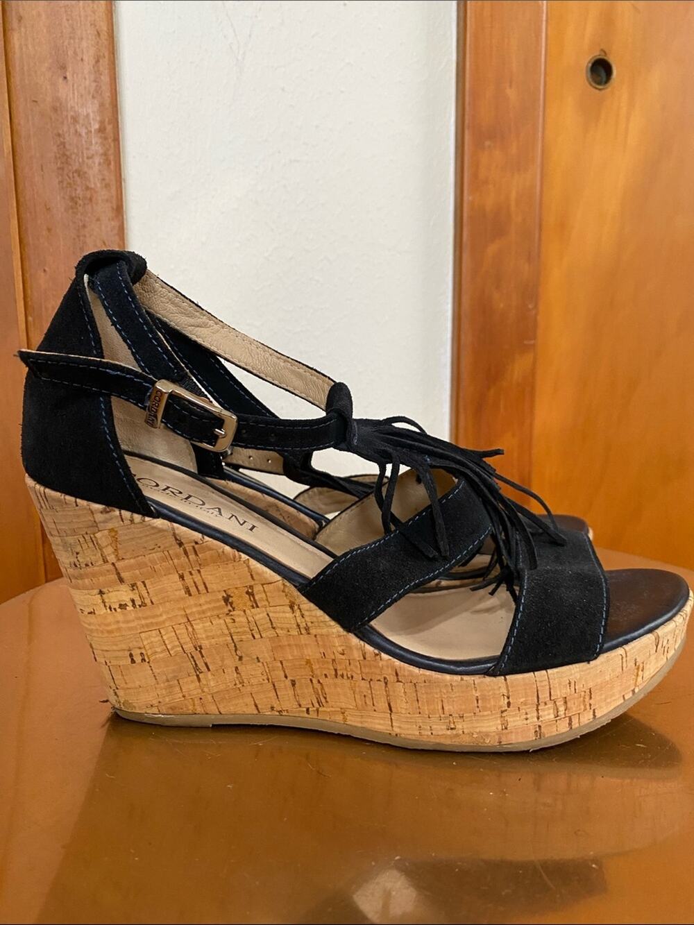 Cordani Italy Black Suede Cork 4” Wedge Sandals Shoes Fringe Tassel Buckle Boho